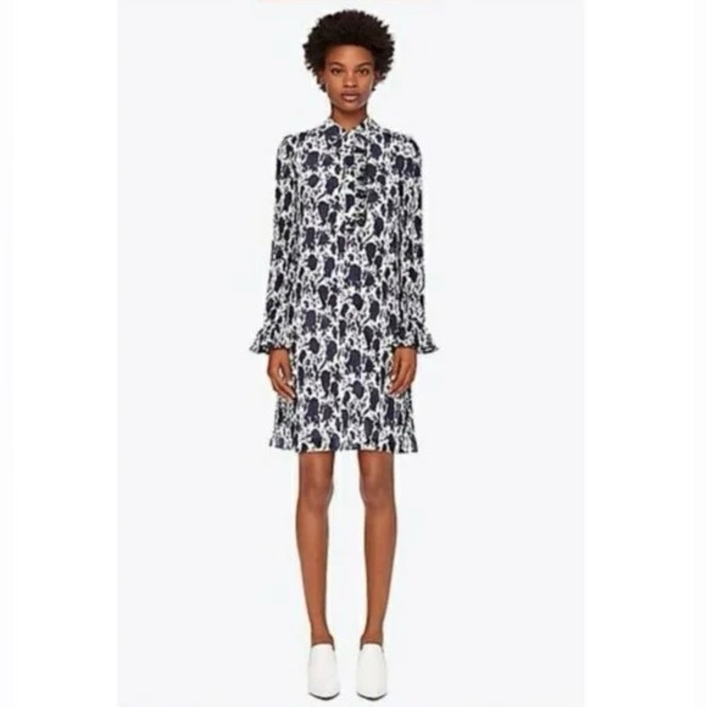 Tory Burch Livia Long Sleeve Navy and Cream Floral Shirt Dress